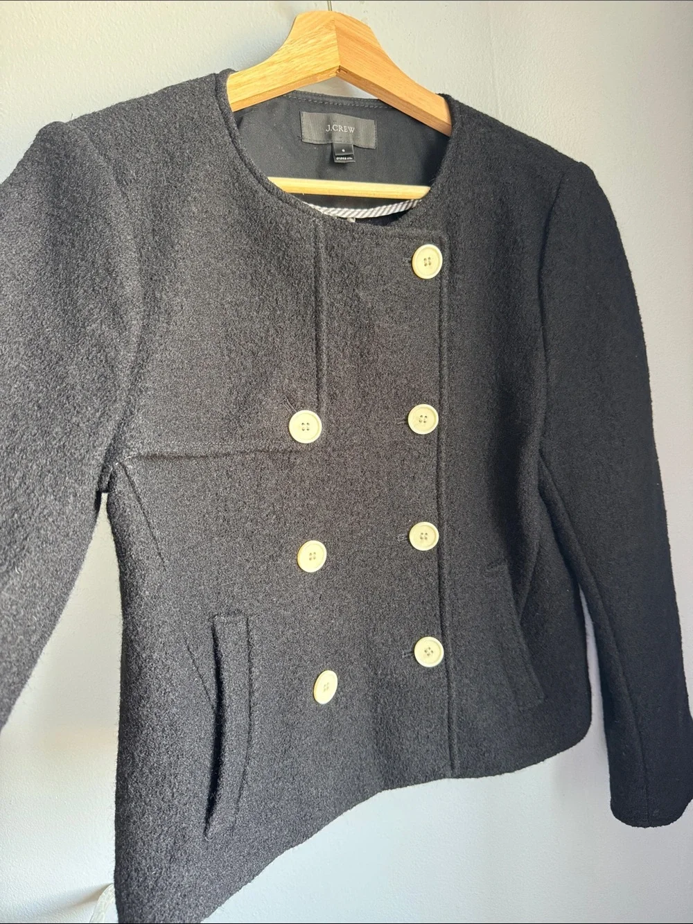 J Crew Womens Black Boiled Wool Military Style Pea Coat Size S Jacket Classic